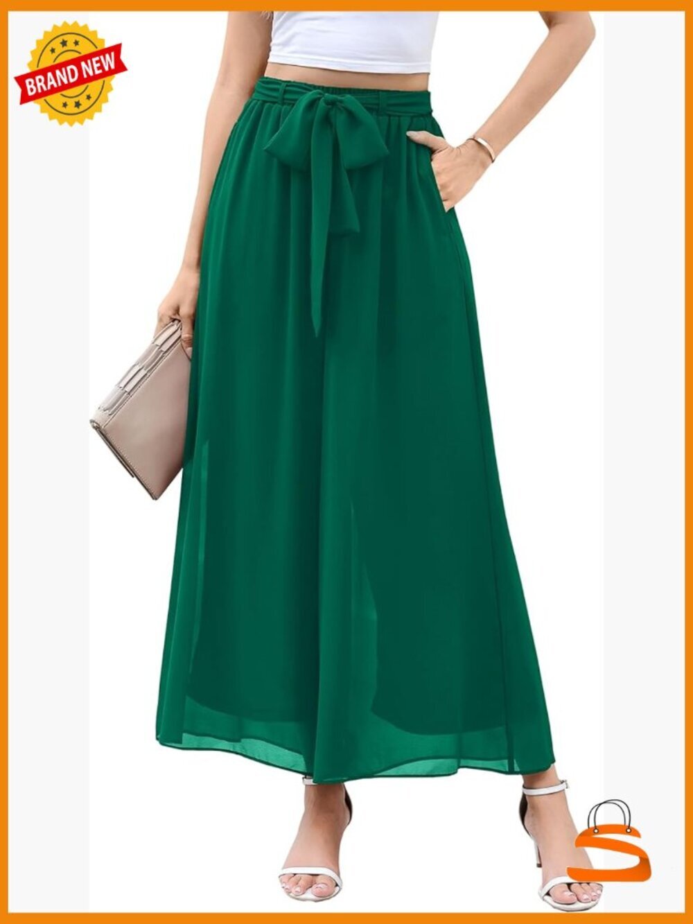Wide Leg Chiffon Dress Pants Elastic Waist Palazzo with Pockets